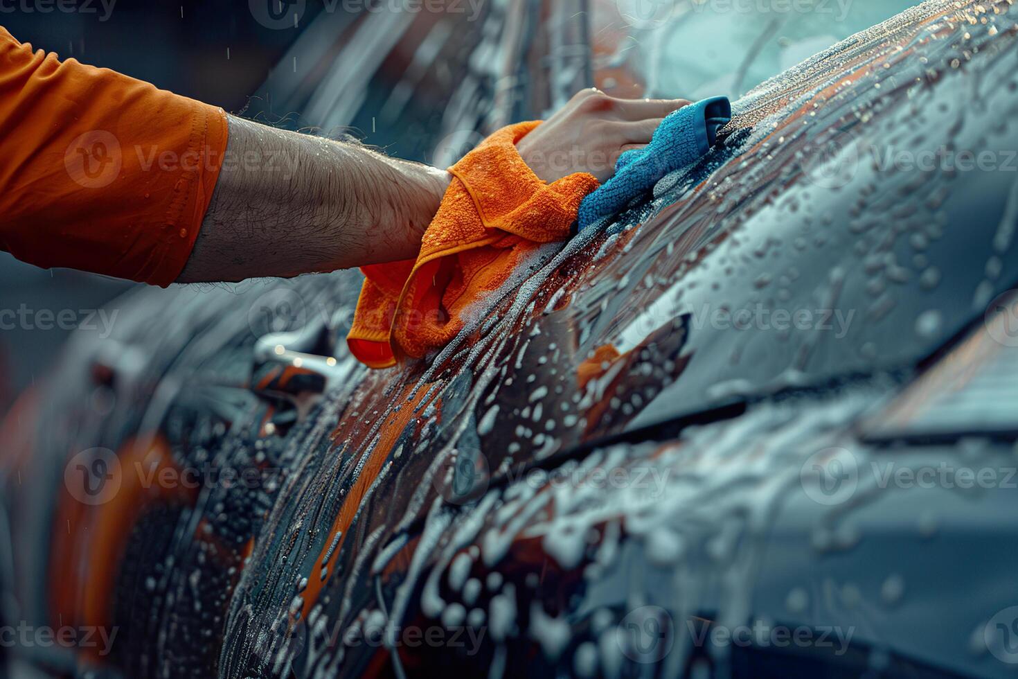 A man polishes a car with a yellow cloth photo