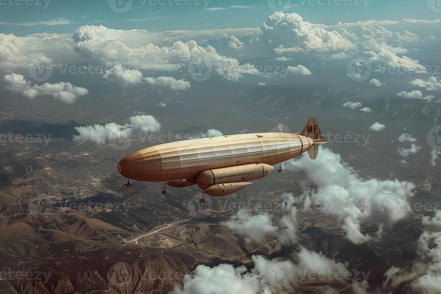 A large zeppelin is flying over a body of water photo