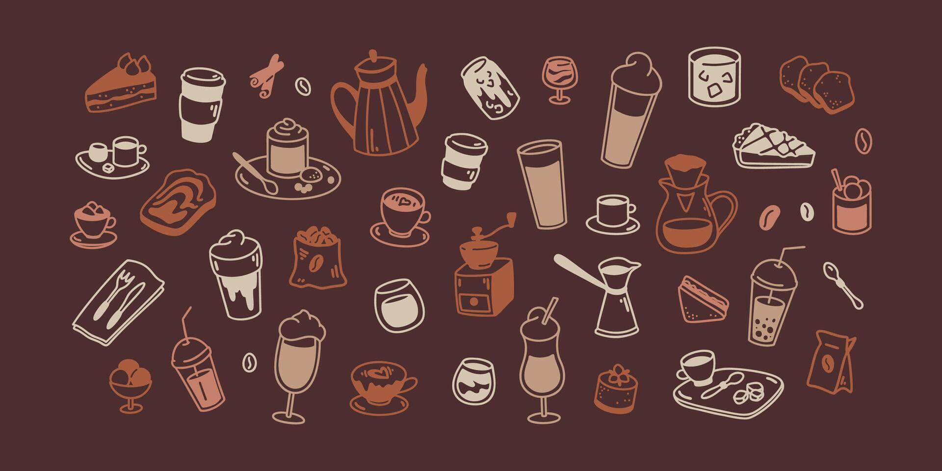 Coffee chalkboard. Hot, cold drinks and desserts in doodle stile. Cute line food elements. Minimalist icons for restaurant, cafe, patisserie, bakery, confectionary, coffeeshop menu vector