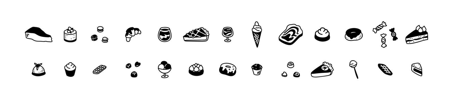 Cute line doodle dessert set. Cakes, apple and lemon pie, croissant, tiramisu, cookies, tartlets in sketch style. Bakery, cafe, coffeeshop, confectionery and patisserie. Minimalist food drawings vector