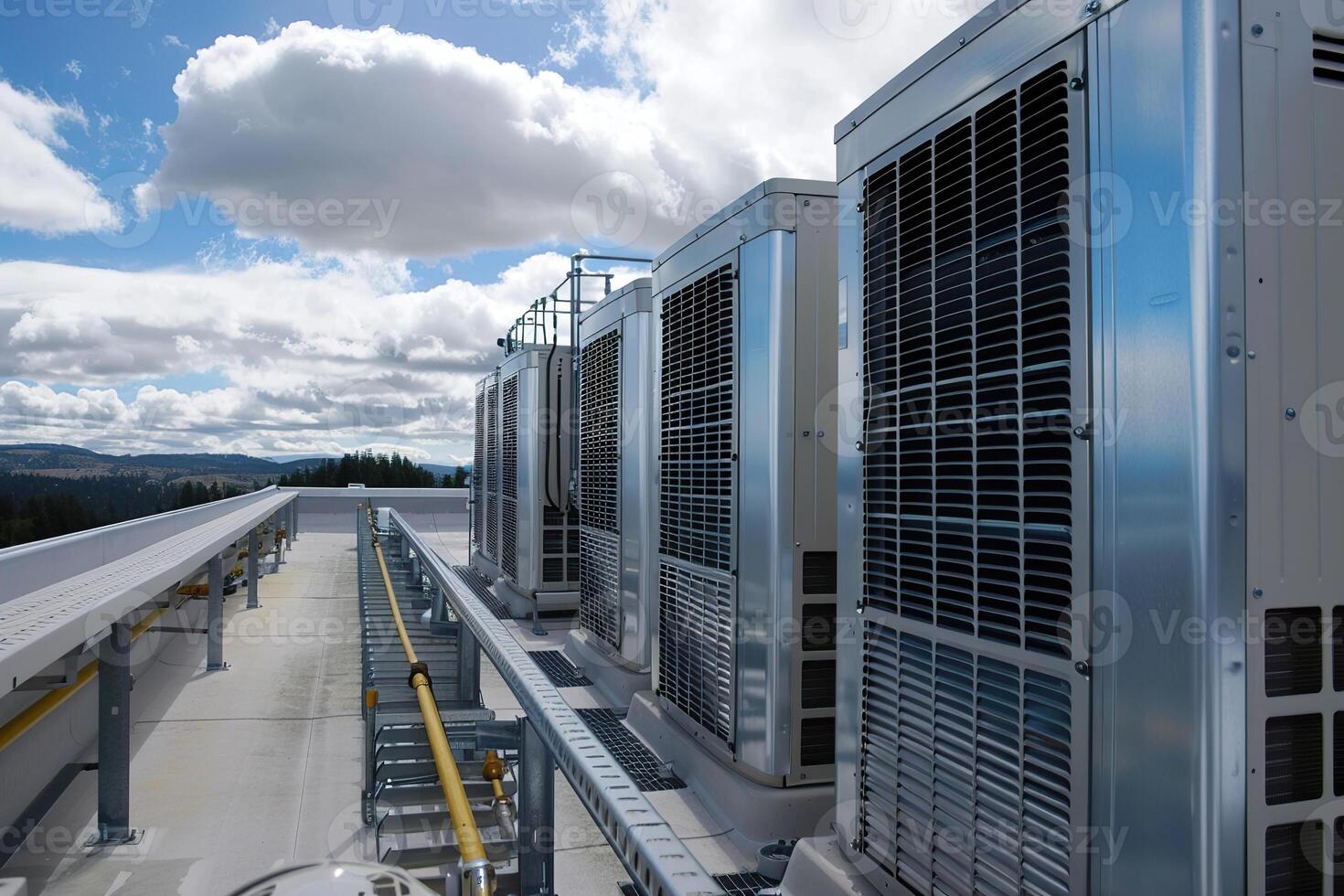 A row of air conditioners are on a roof photo