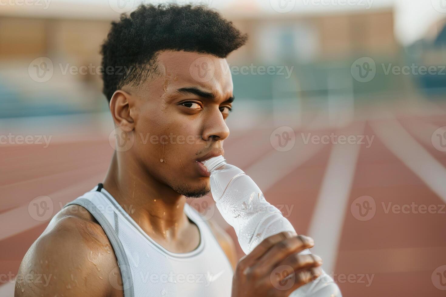 A man is drinking water from a bottle while sitting on a bench photo