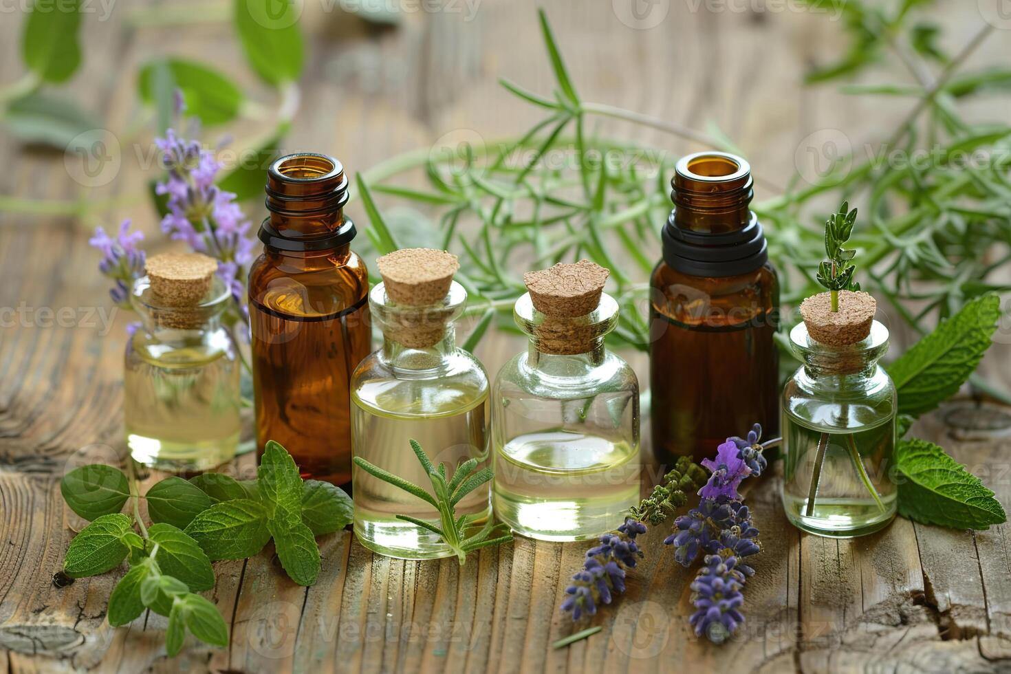 A collection of essential oils and herbs are displayed on a wooden table photo