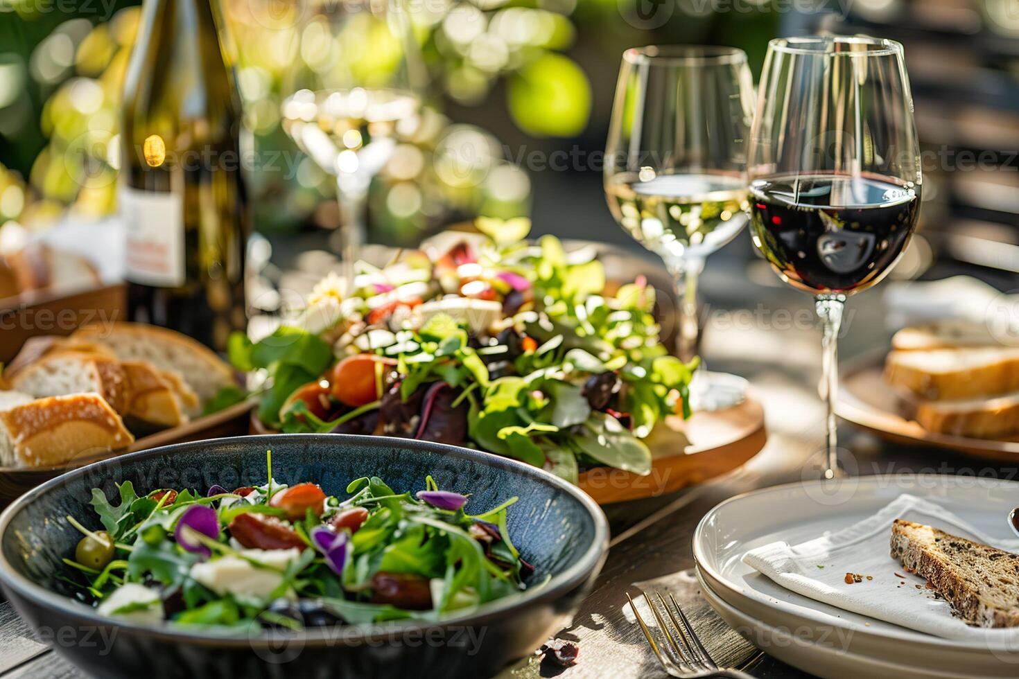 A table with a variety of food and drinks, including a salad, pizza, and wine photo