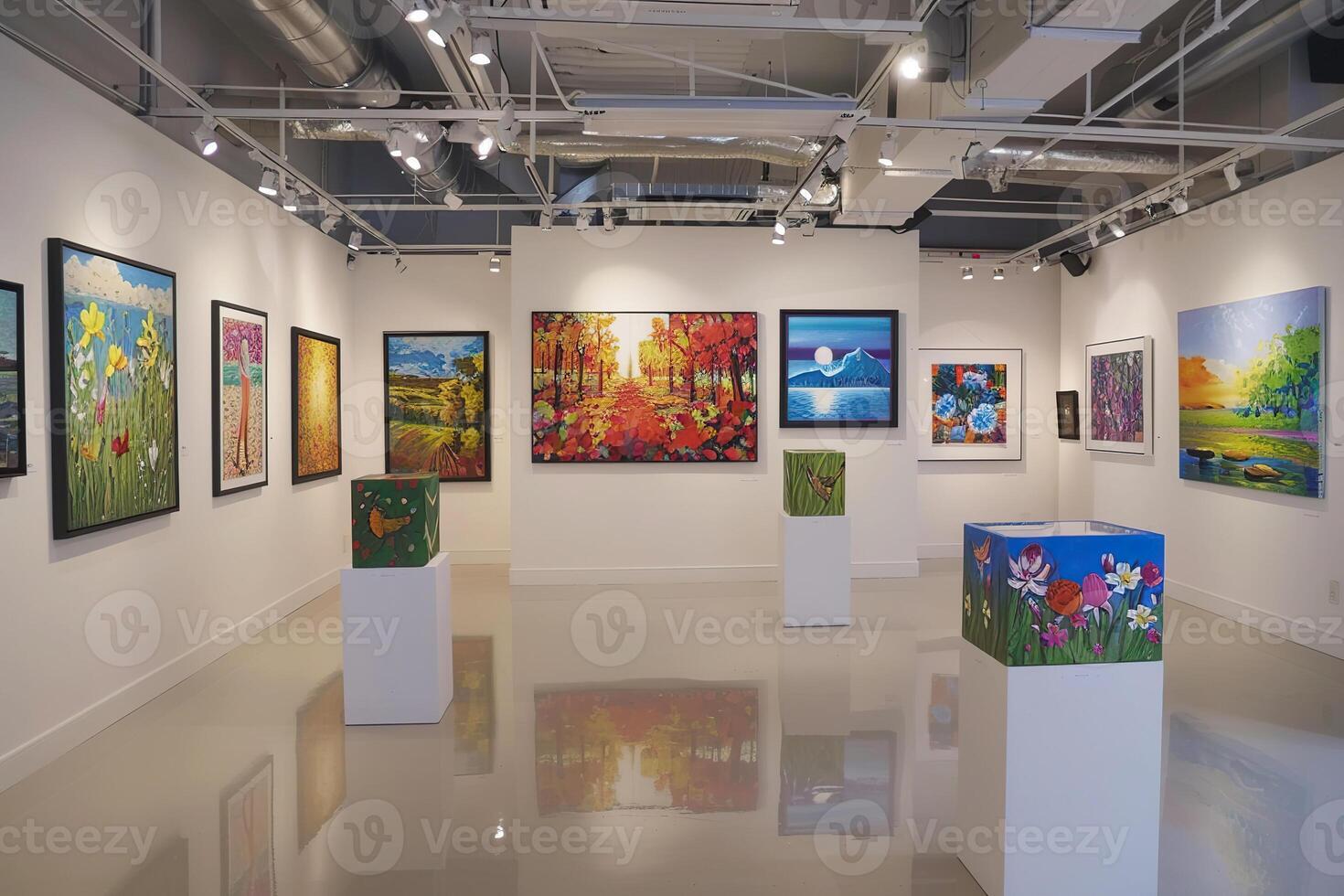 A gallery of paintings with a variety of colors and themes photo