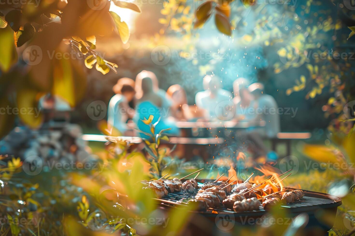A group of people are gathered around a grill, cooking food photo
