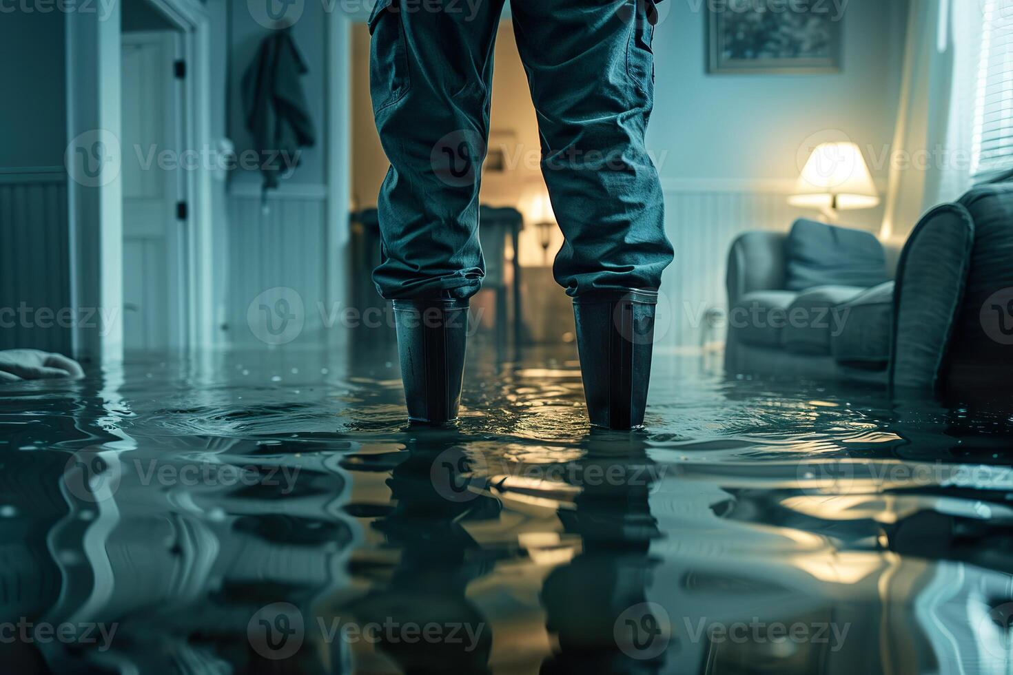 A man in a pair of boots stands in a flooded room photo