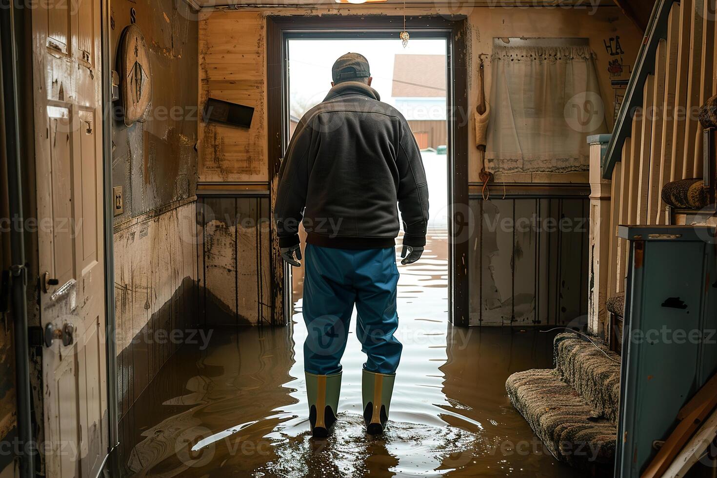 A man in a pair of boots stands in a flooded room photo