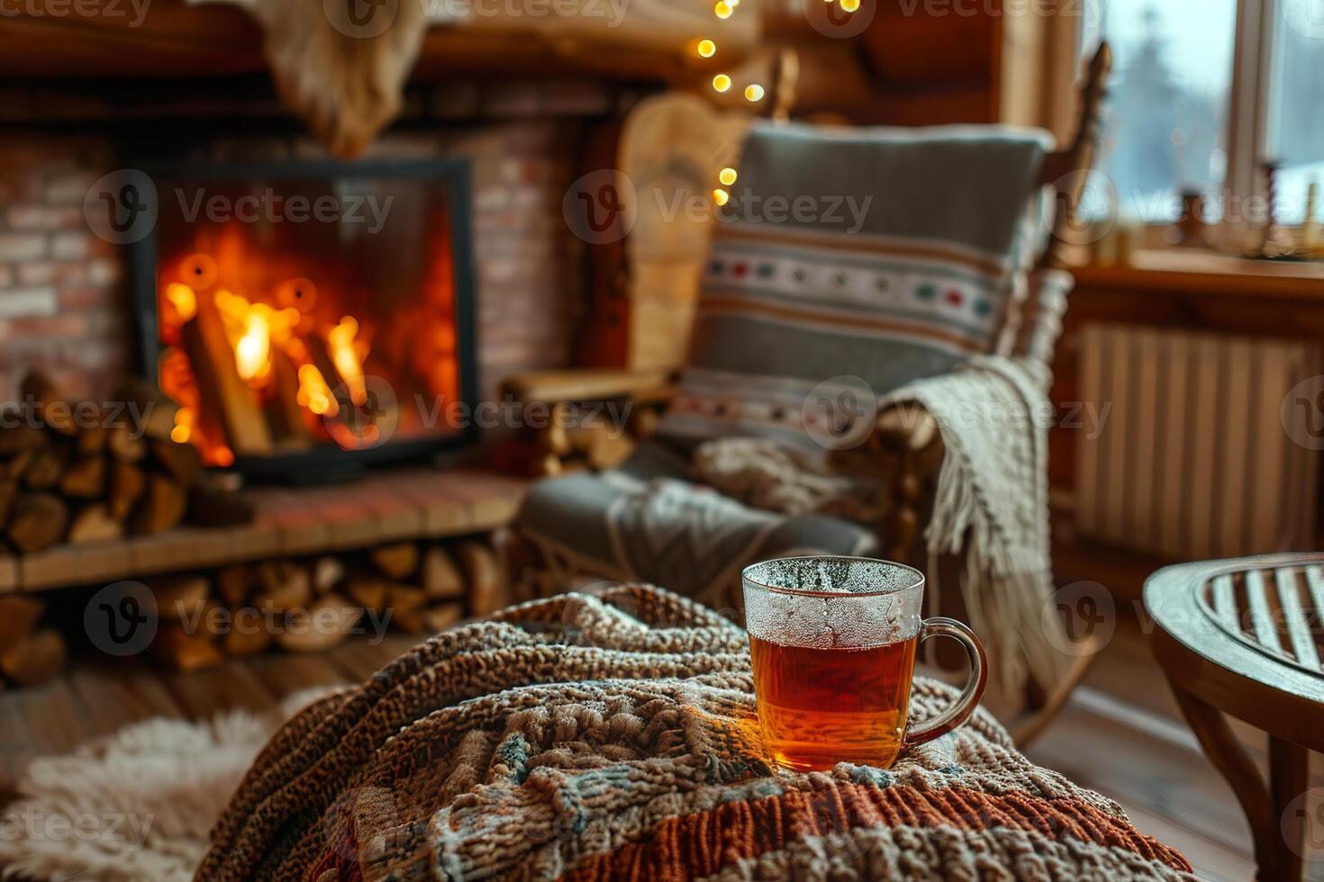 A white mug with a warm beverage sits on a blanket next to a fireplace photo