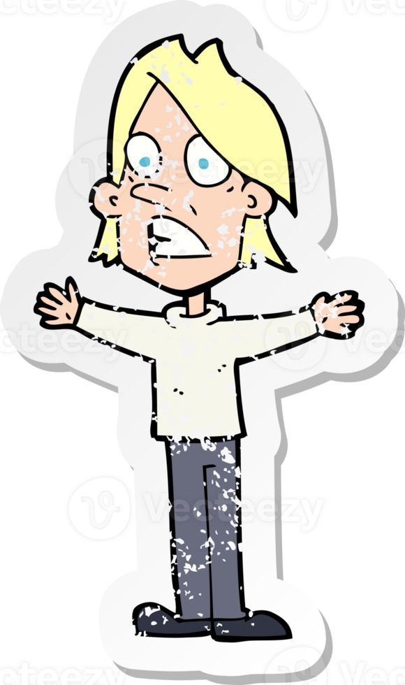 retro distressed sticker of a cartoon frightened man drawing png