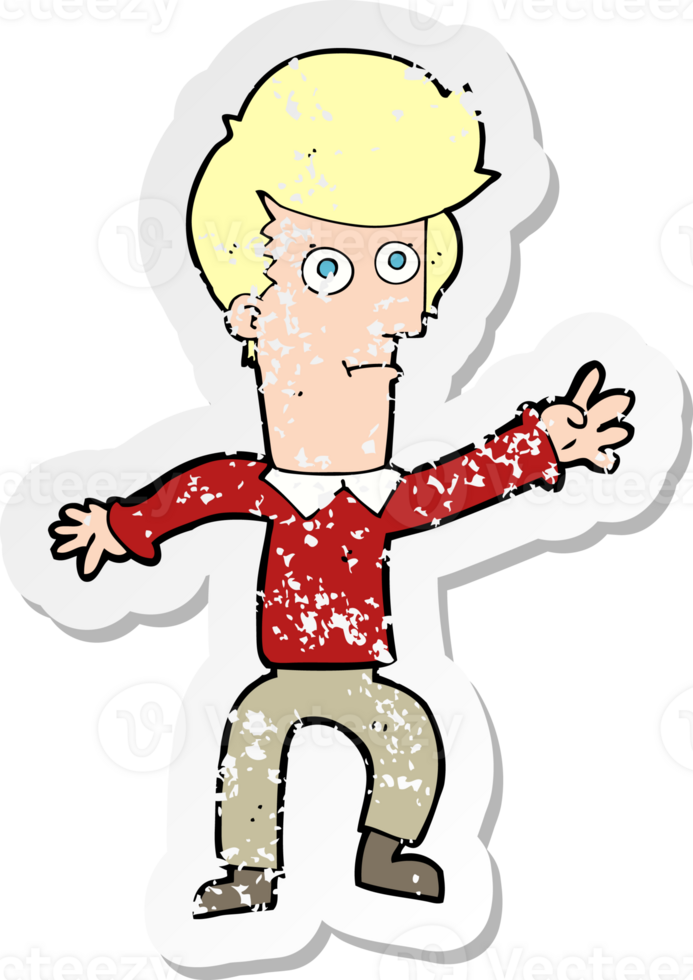 retro distressed sticker of a cartoon man waving drawing png