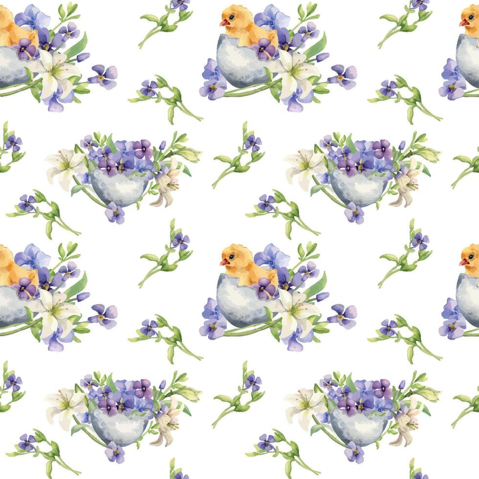 Chick in egg shell with flowers Easter seamless pattern isolated on white. Watercolor baby bird and blue spring plants hand drawn. For design Easter decoration, background, textile, package, paper vector