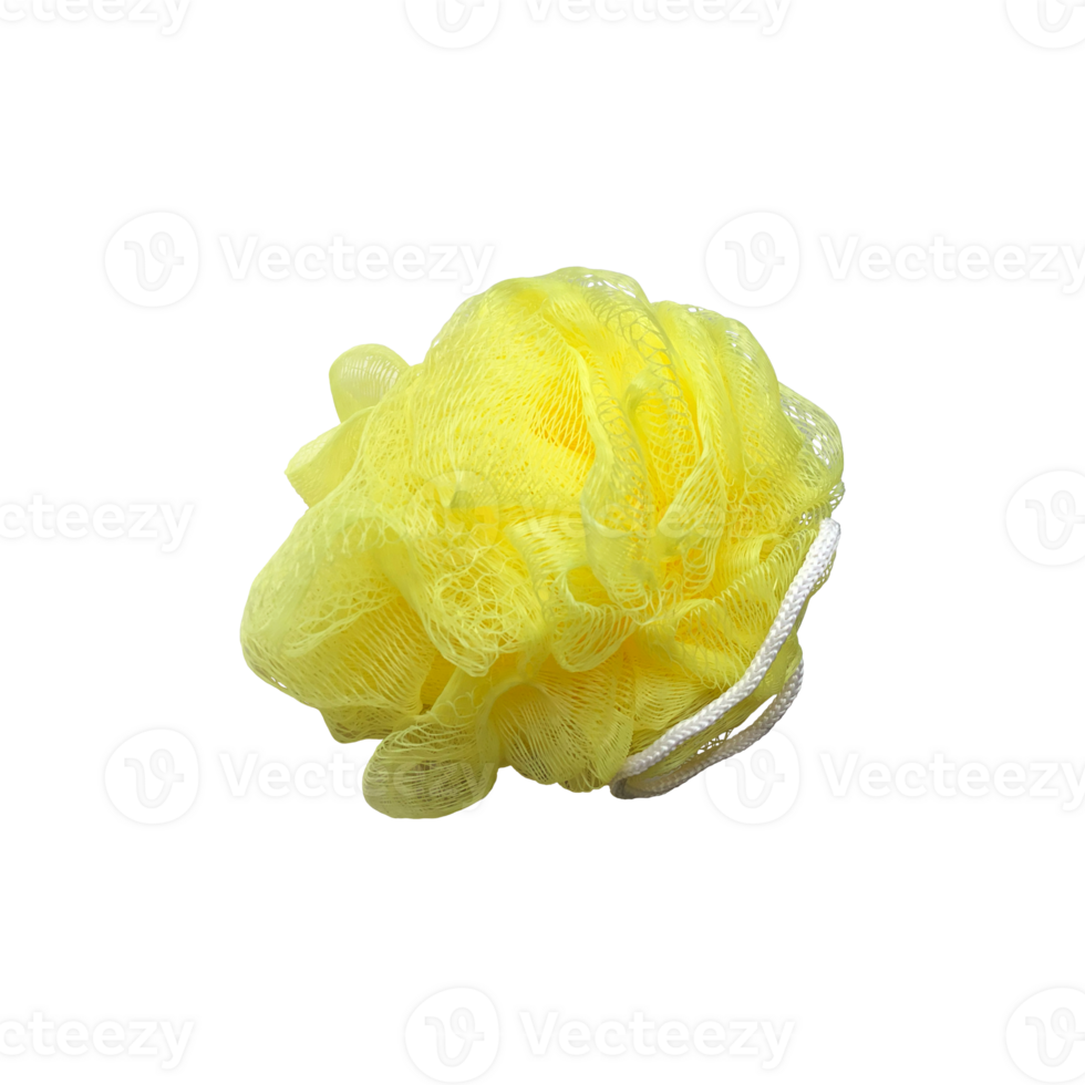 Soft bright yellow bath puff or sponge with rope, useful trendy bathing accessory sponge for washing dishes, scrubber equipment, isolated image, clipping path, soft focus png