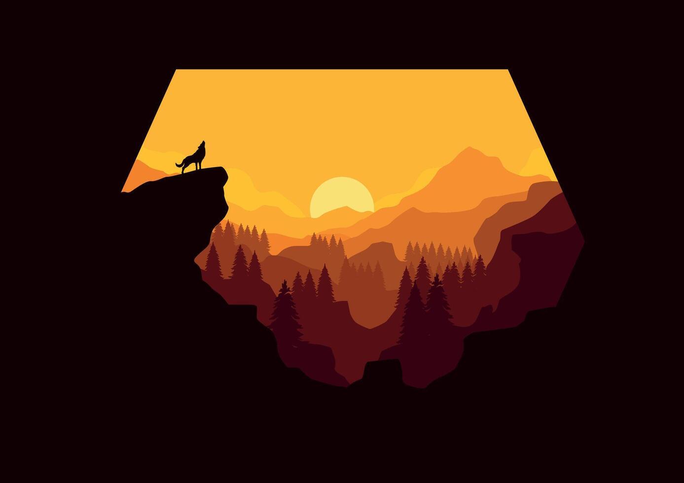 Illustration of a howling wolf with a mountain forest and sunset scene. vector