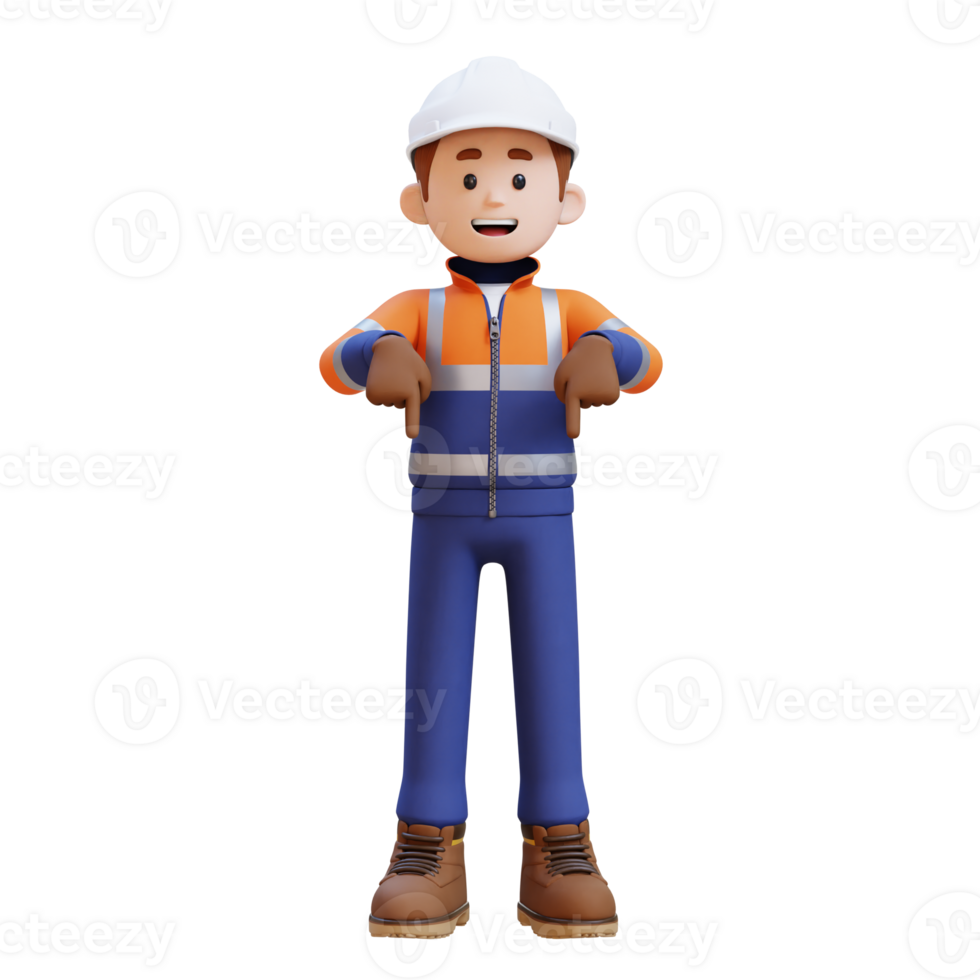 3D Construction Worker Character Pointing Downward png