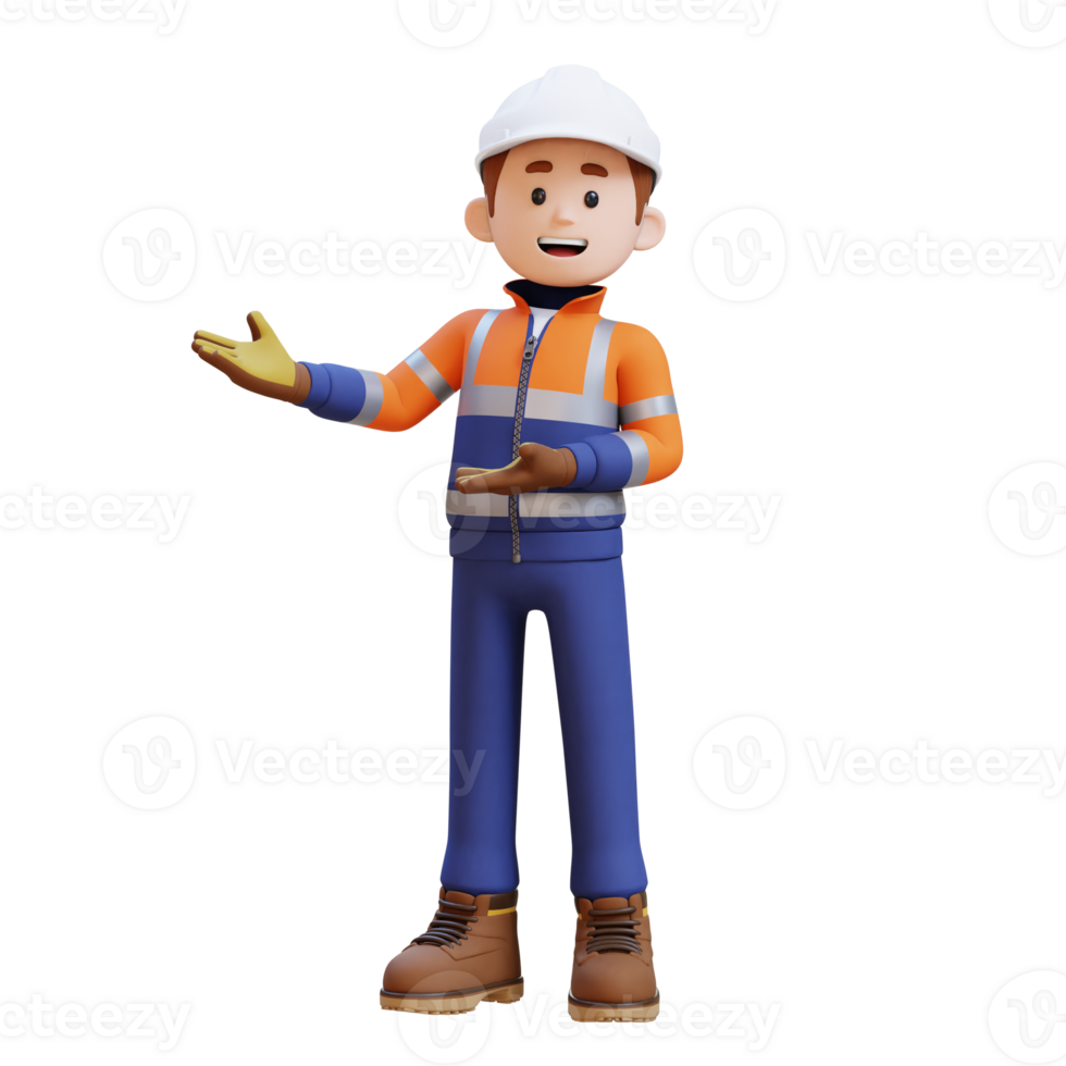 3D Construction Worker Character Presenting to the Right Pose png
