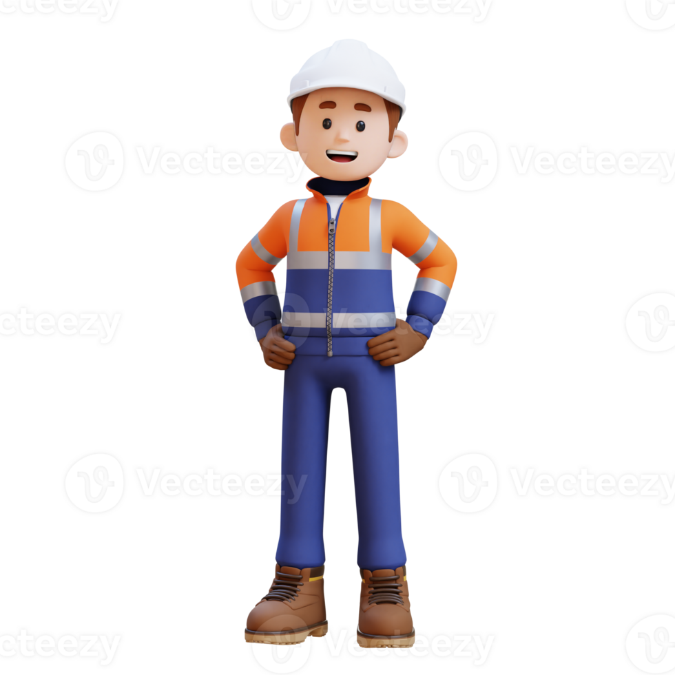 3D Construction Worker Character Standing with Hand on hip png