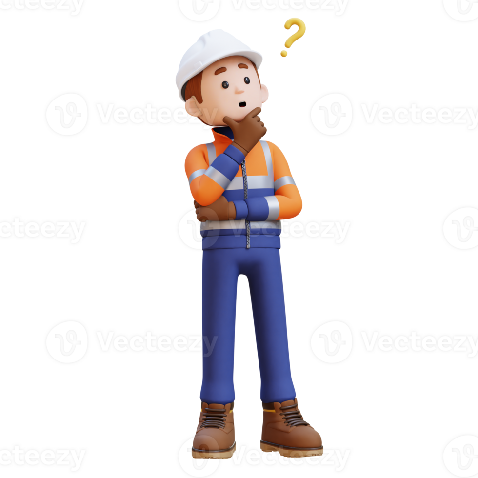 3D Construction Worker Character Confused and Thinking Pose png