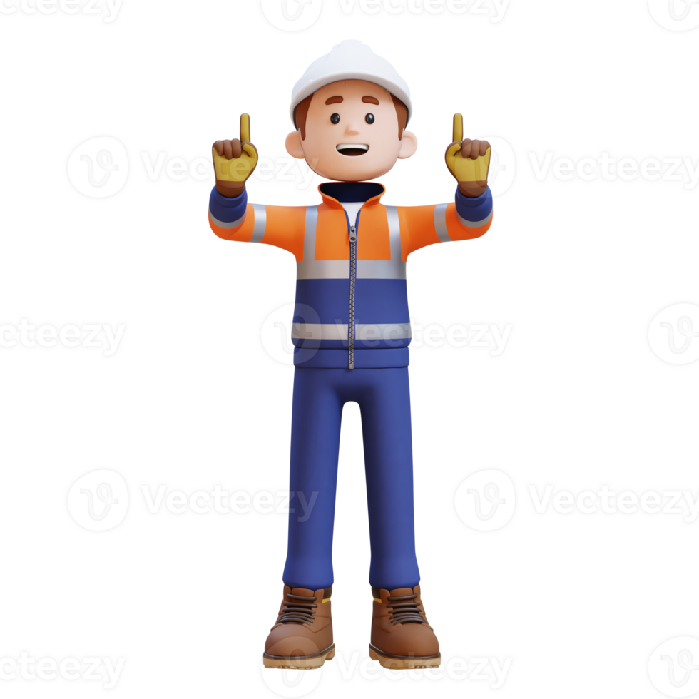 3D Construction Worker Character Pointing Upward png