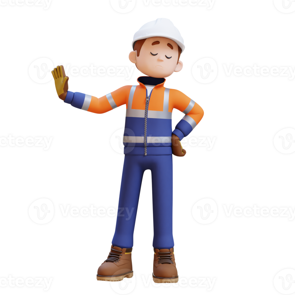 3D Construction Worker Character in Stop Refusal Pose png