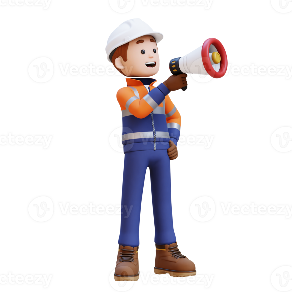 3D Construction Worker Character shouting with Megaphone png