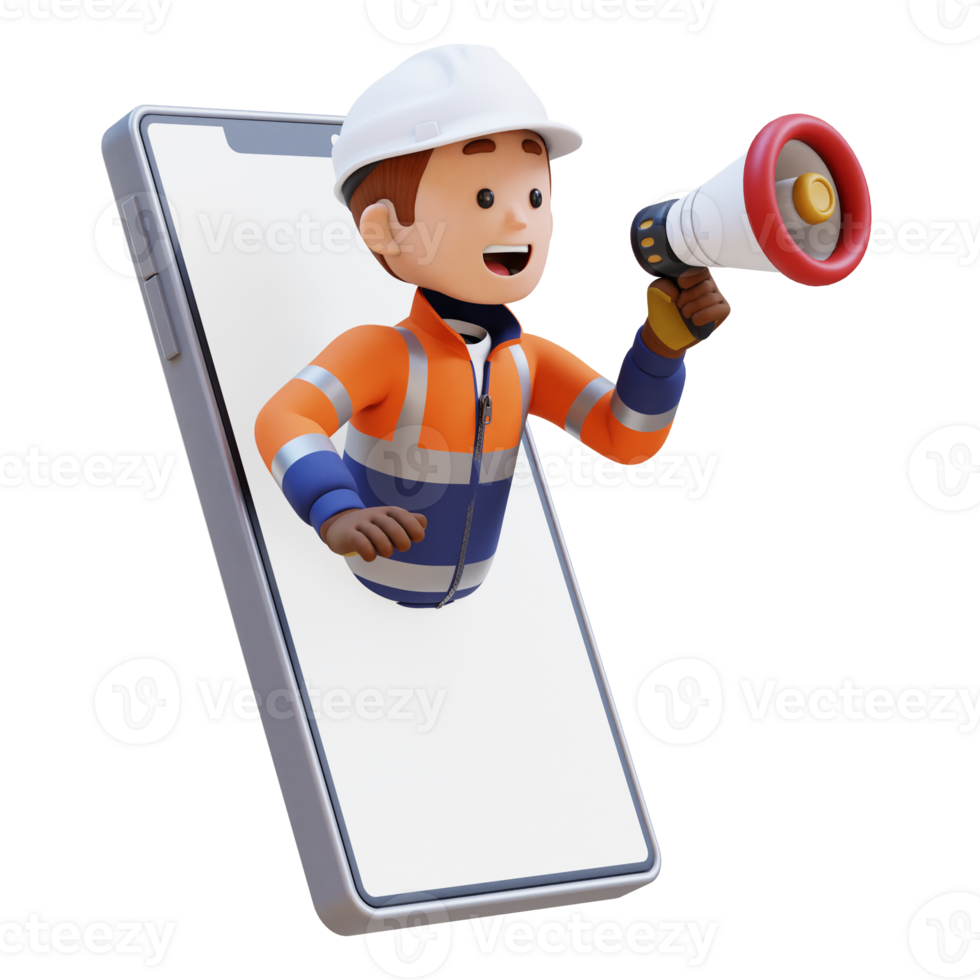 3D Construction Worker Character Jump from Phone Screen with Megaphone png