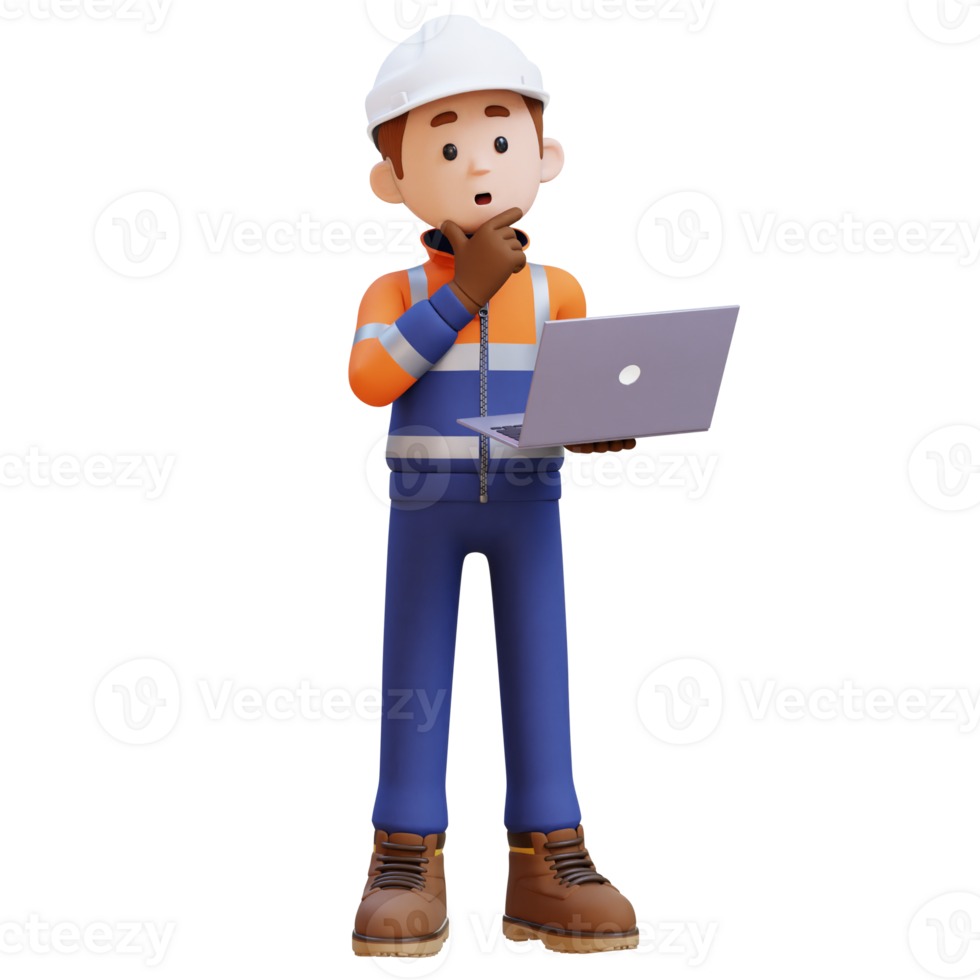3d construction ouvrier personnage en pensant tandis que travail sur une portable png