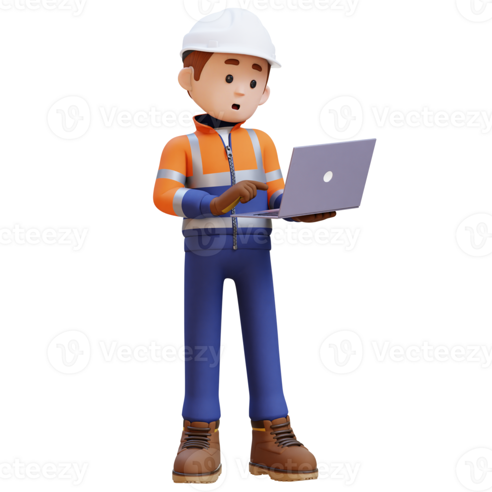 3D Construction Worker Character Working on a Laptop png