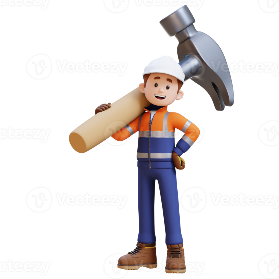 3D Construction Worker Character Carrying Big Hammer on Shoulder png