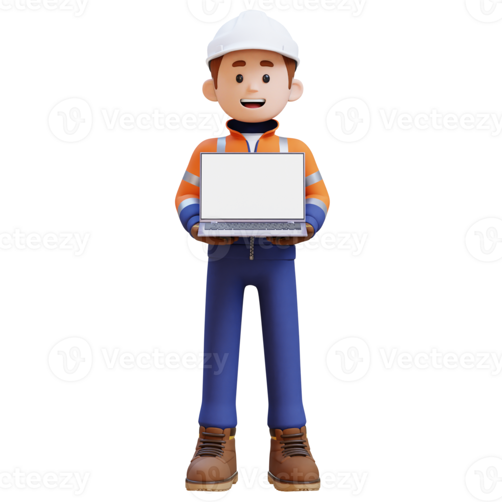 3D Construction Worker Character Holding Laptop with Empty Screen png