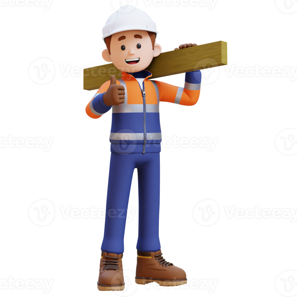 3D Construction Worker Character Carrying Wood Planks on Shoulder png