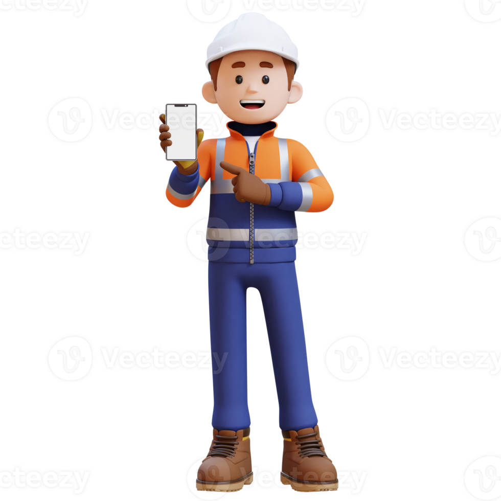 3D Construction Worker Character Pointing to Empty Phone Screen png