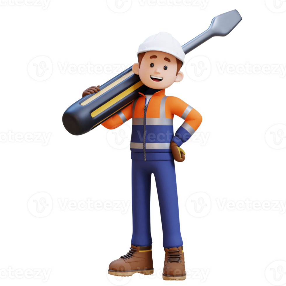 3D Construction Worker Character Carrying Big Screwdriver on Shoulder png