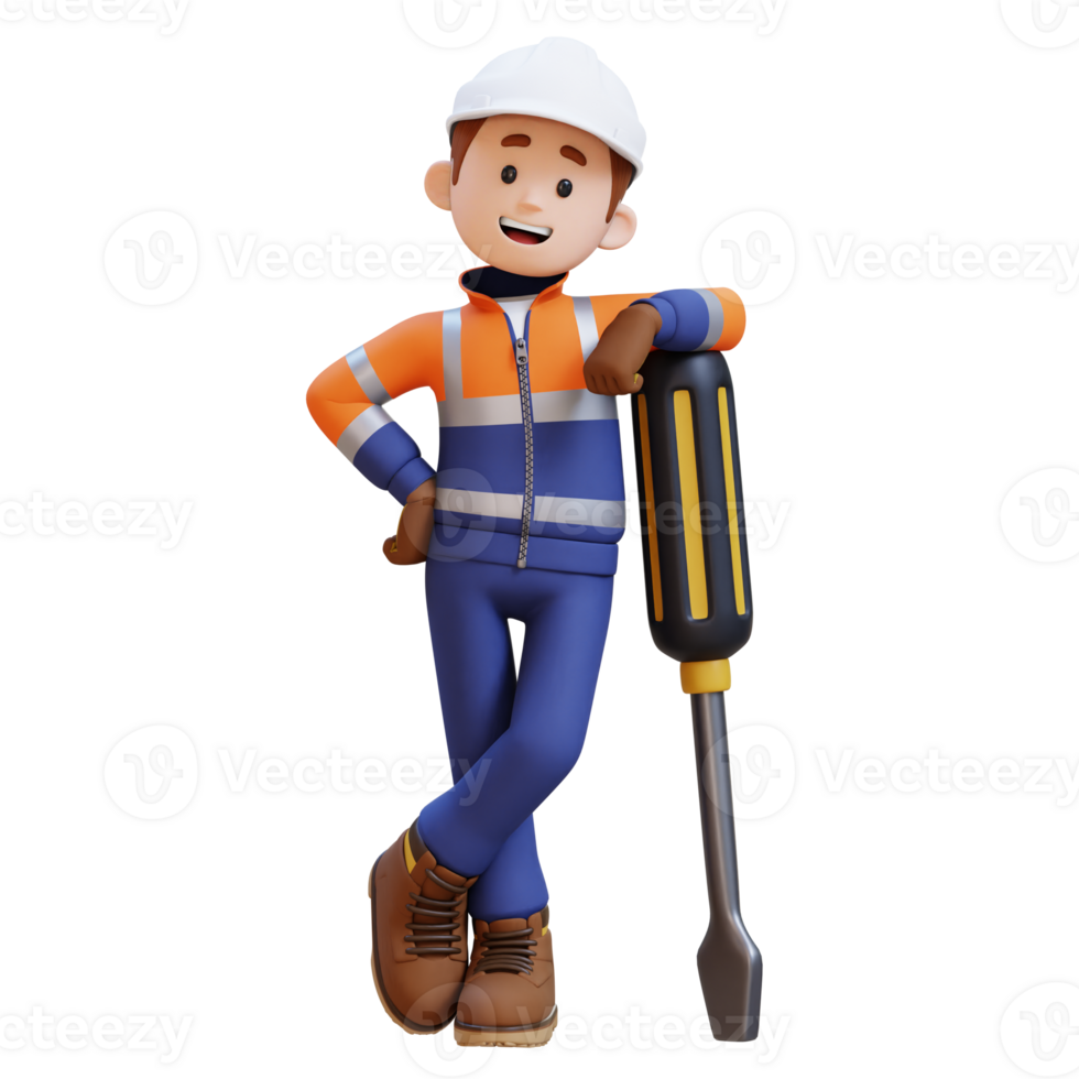 3D Construction Worker Character Lying on Big Screwdriver png