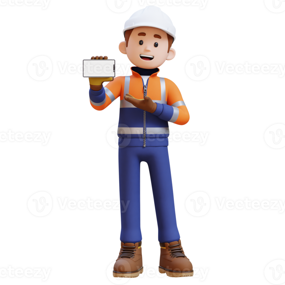 3D Construction Worker Character Presenting on Empty Phone Screen png