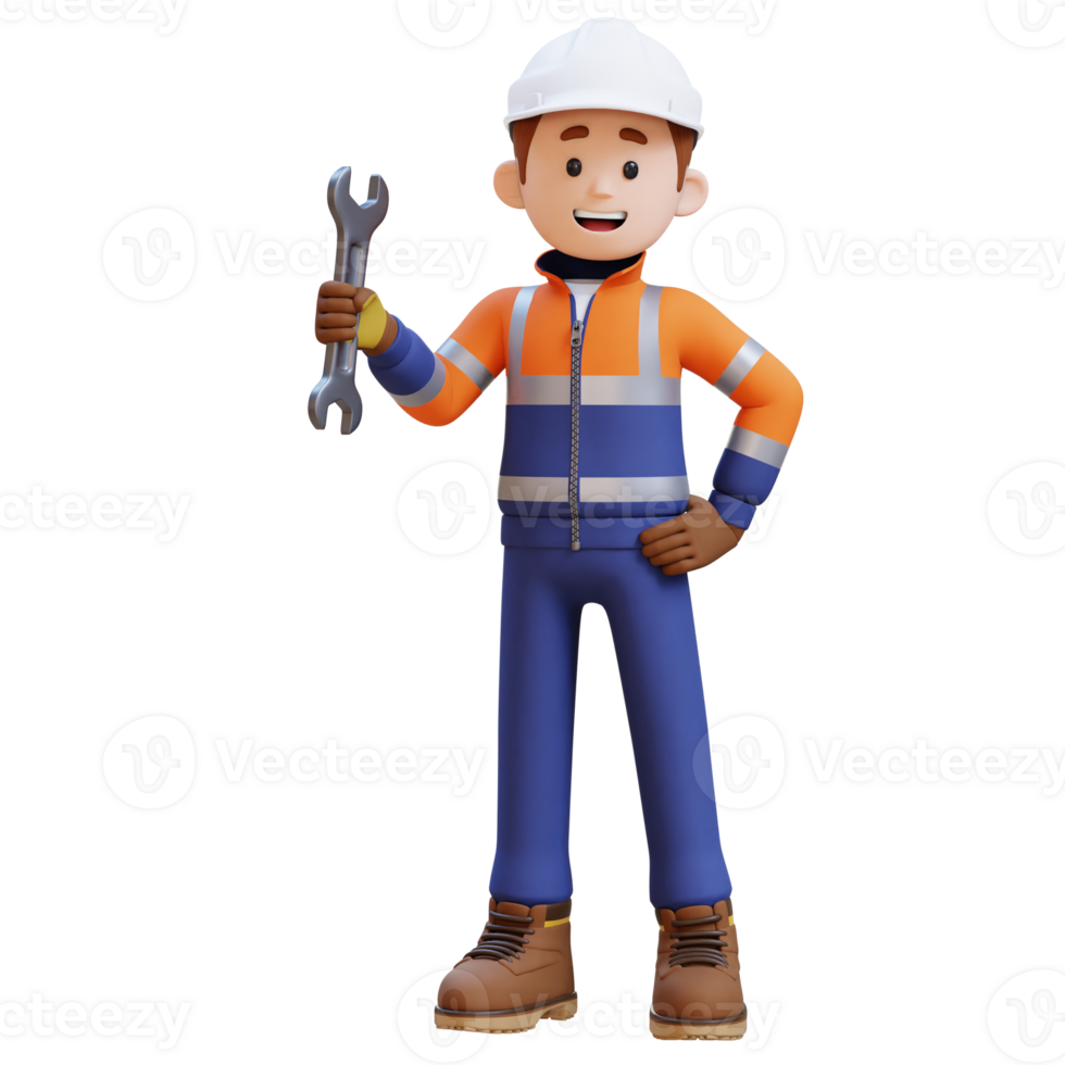 3D Construction Worker Character Holding Wrench in Confident Pose png