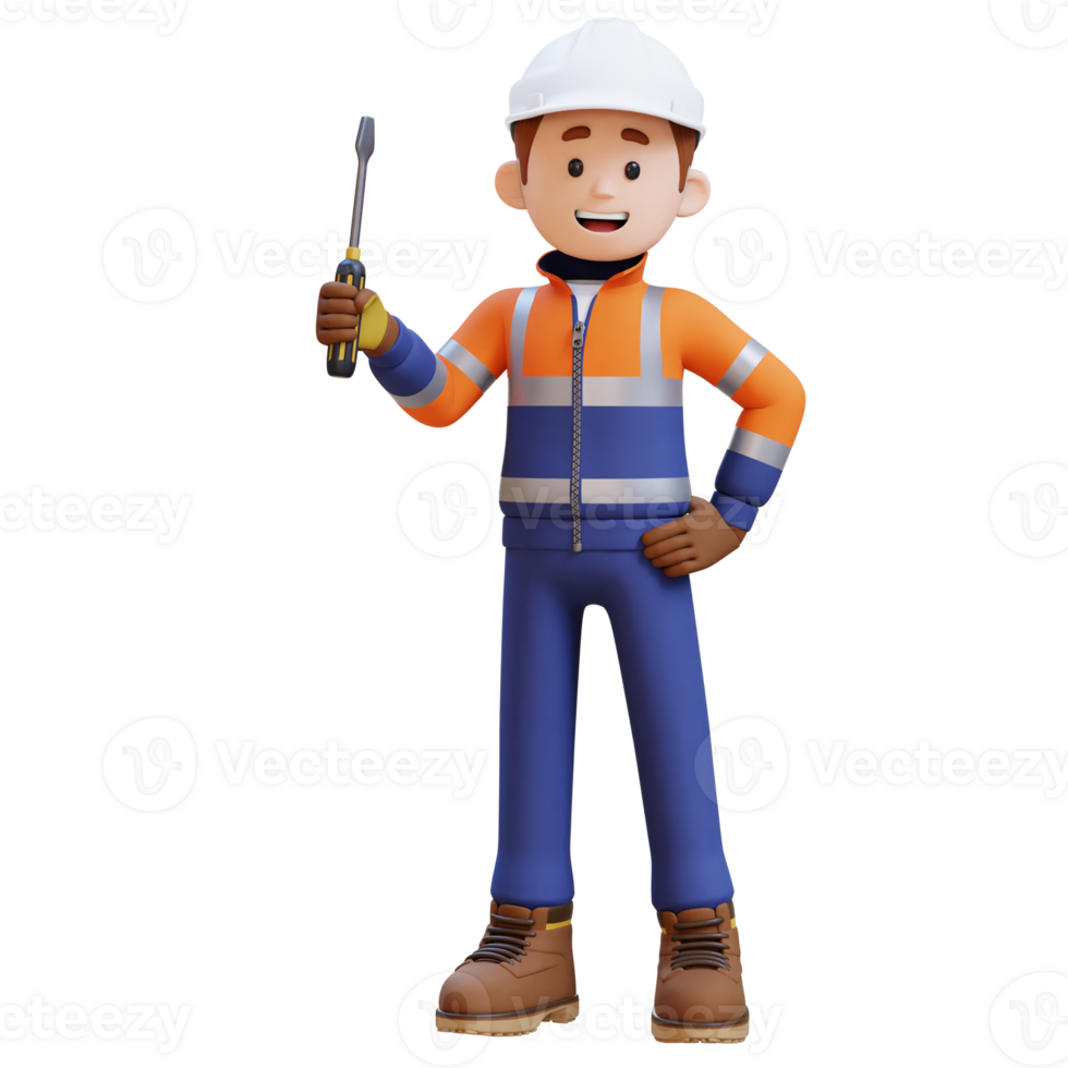 3D Construction Worker Character Holding Screwdriver in Confident Pose png