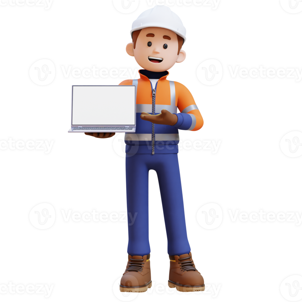3D Construction Worker Character Presenting on Empty Computer Screen png