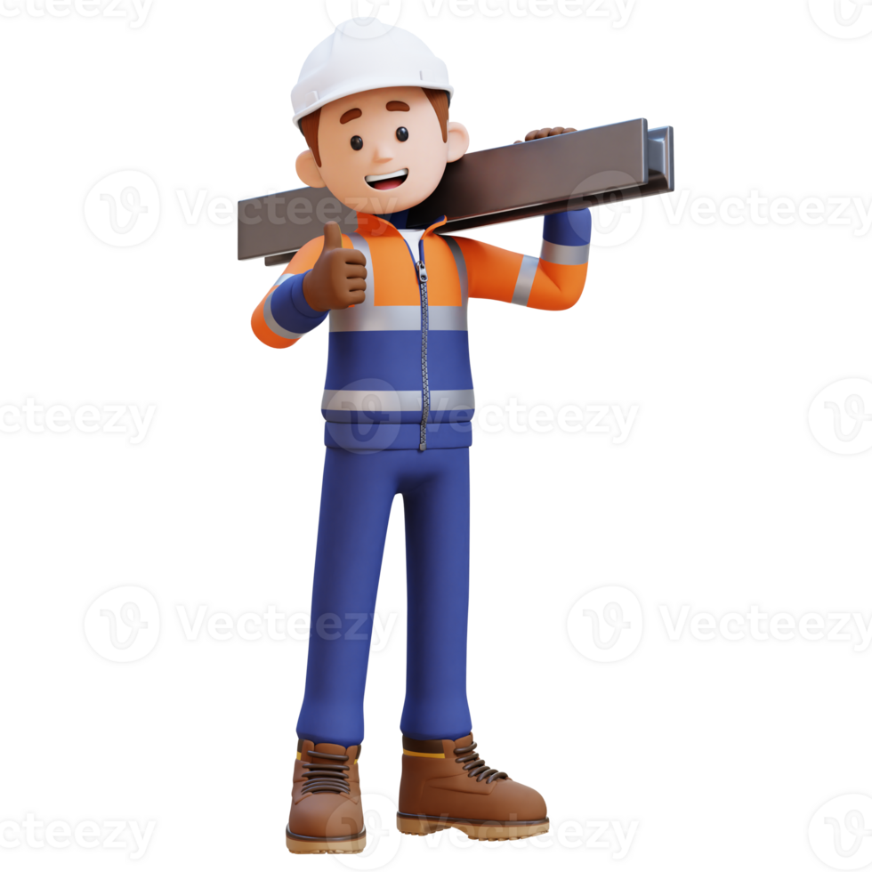 3D Construction Worker Character Carrying steel on Shoulder png