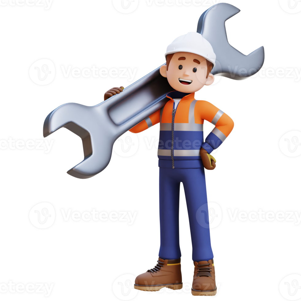 3D Construction Worker Character Carrying Big Wrench on Shoulder png