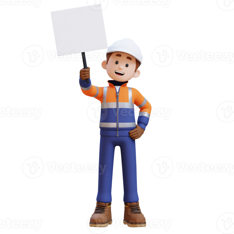 3D Construction Worker Character Holding Empty Placard png