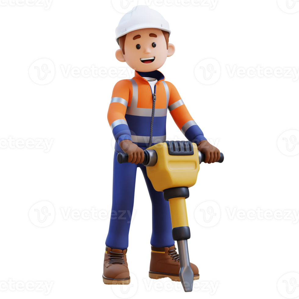 3D Construction Worker Character Working with Jackhammer png