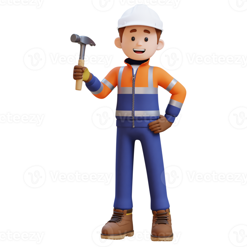 3D Construction Worker Character Holding Hammer in Confident Pose png