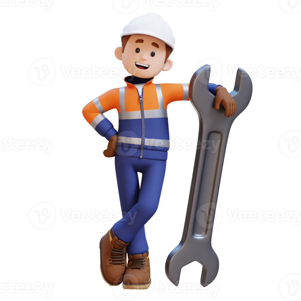 3D Construction Worker Character Lying on Big Wrench png