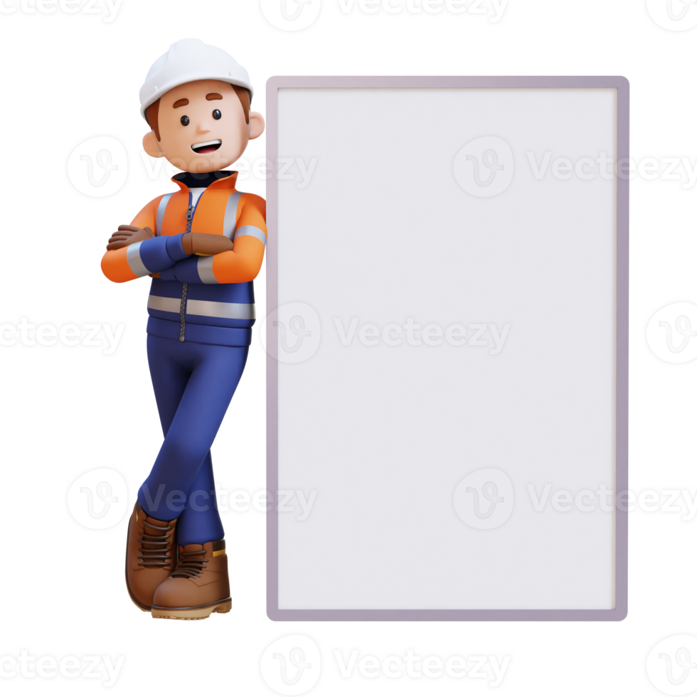 3D Construction Worker Character Lying on Blank Placard in Crossed Arm Pose png