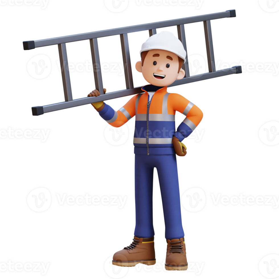 3D Construction Worker Character Carrying Ladder on Shoulder png