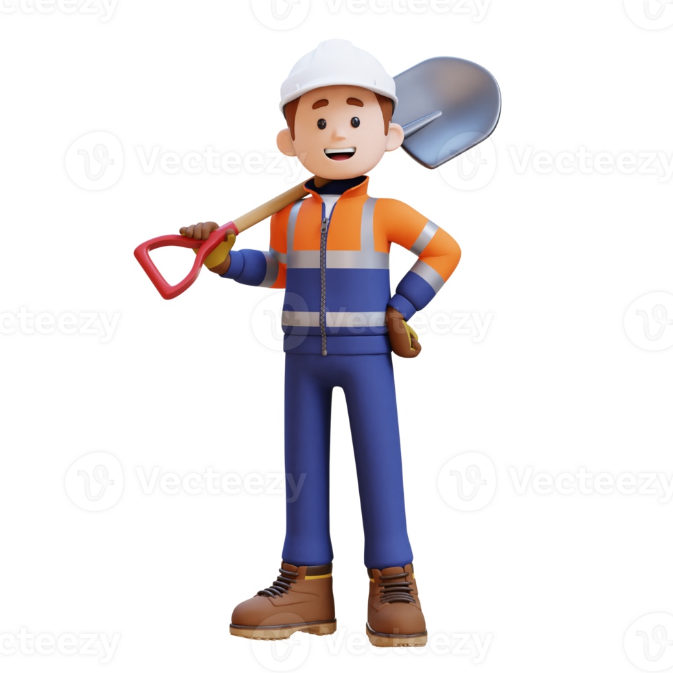 3D Construction Worker Character Holding a Shovel in Confident Pose png