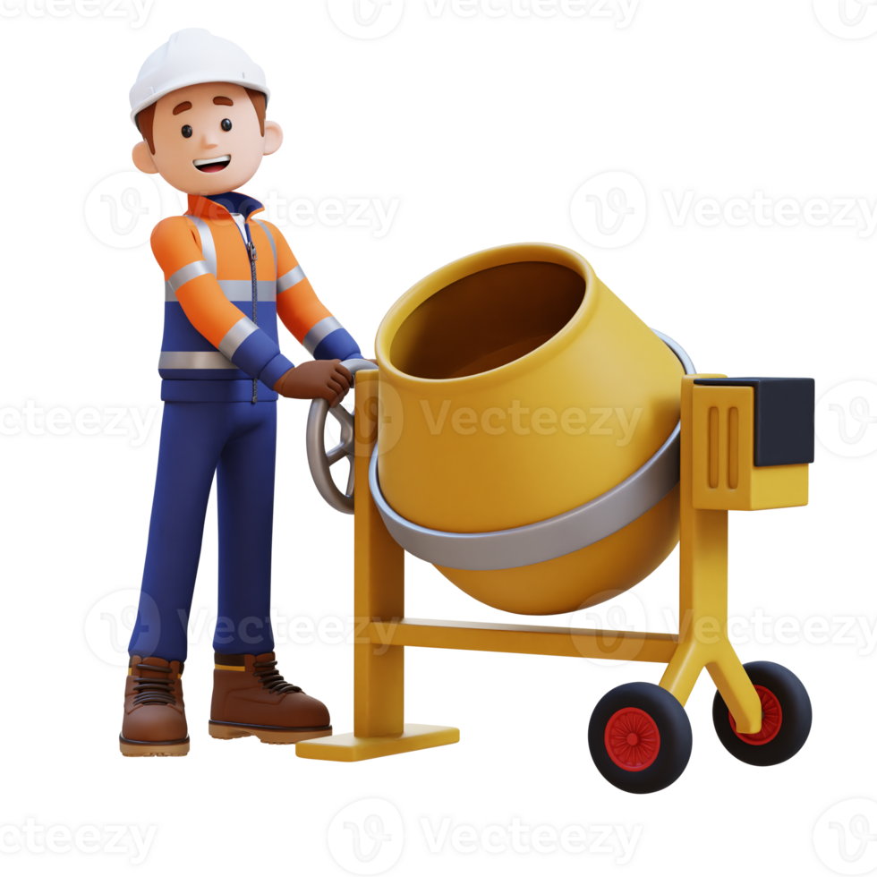 3D Construction Worker Character Working on Concrete Mixer png
