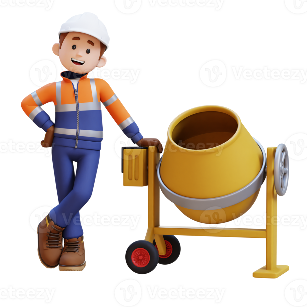 3D Construction Worker Character Lying on Concrete Mixer png