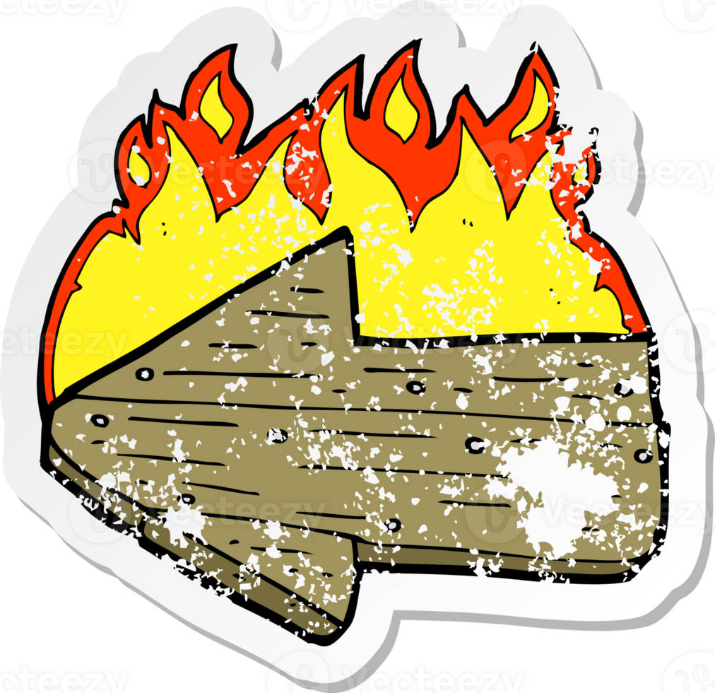 retro distressed sticker of a cartoon burning direction arrow drawing png